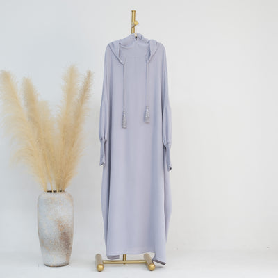 LM220 Hooded Abaya Dress for Women – Batwing Sleeve, Drawstring Hood, Shirred Cuffs, Solid Color