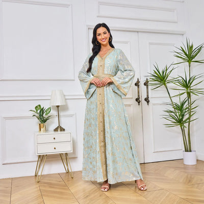 LM186 Summer Dubai Abaya Dress | Lightweight Gold Print Modest Maxi Kaftan