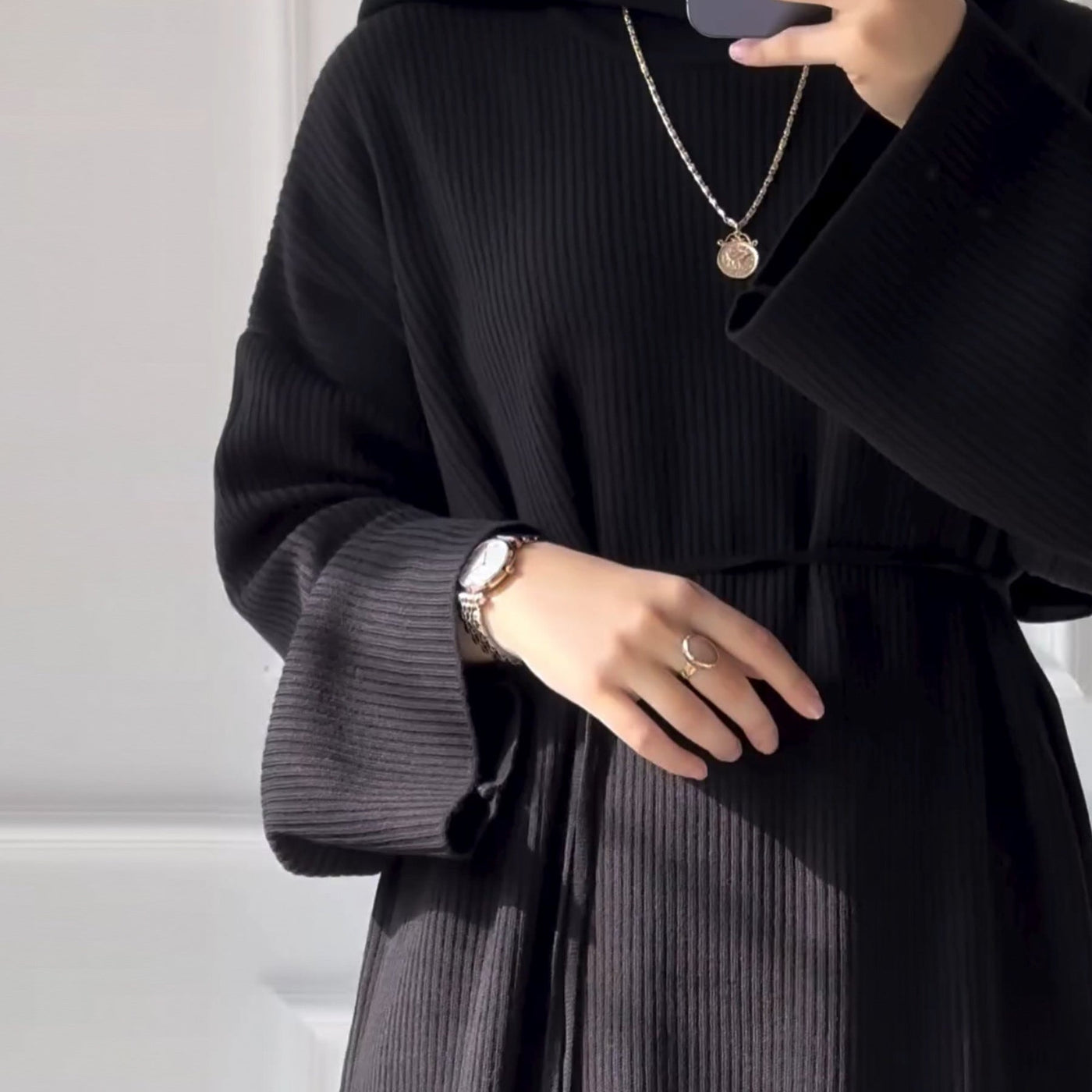 LM302 Ribbed Winter Abaya with Belt – Long Sleeve Modest Dress for Women