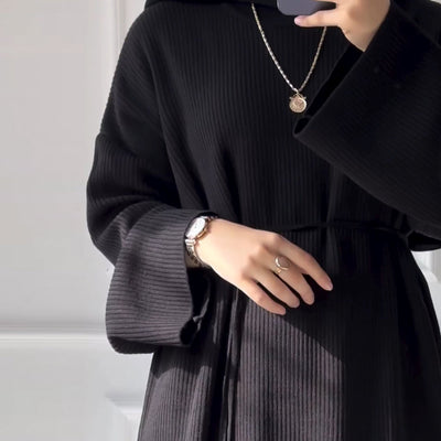 LM302 Ribbed Winter Abaya with Belt – Long Sleeve Modest Dress for Women