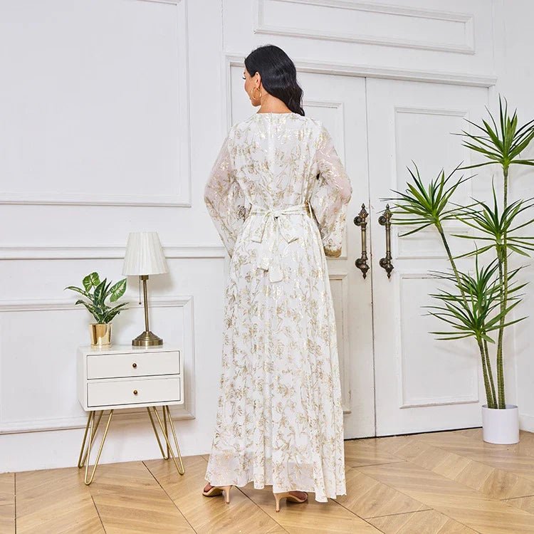 LM186 Summer Dubai Abaya Dress | Lightweight Gold Print Modest Maxi Kaftan