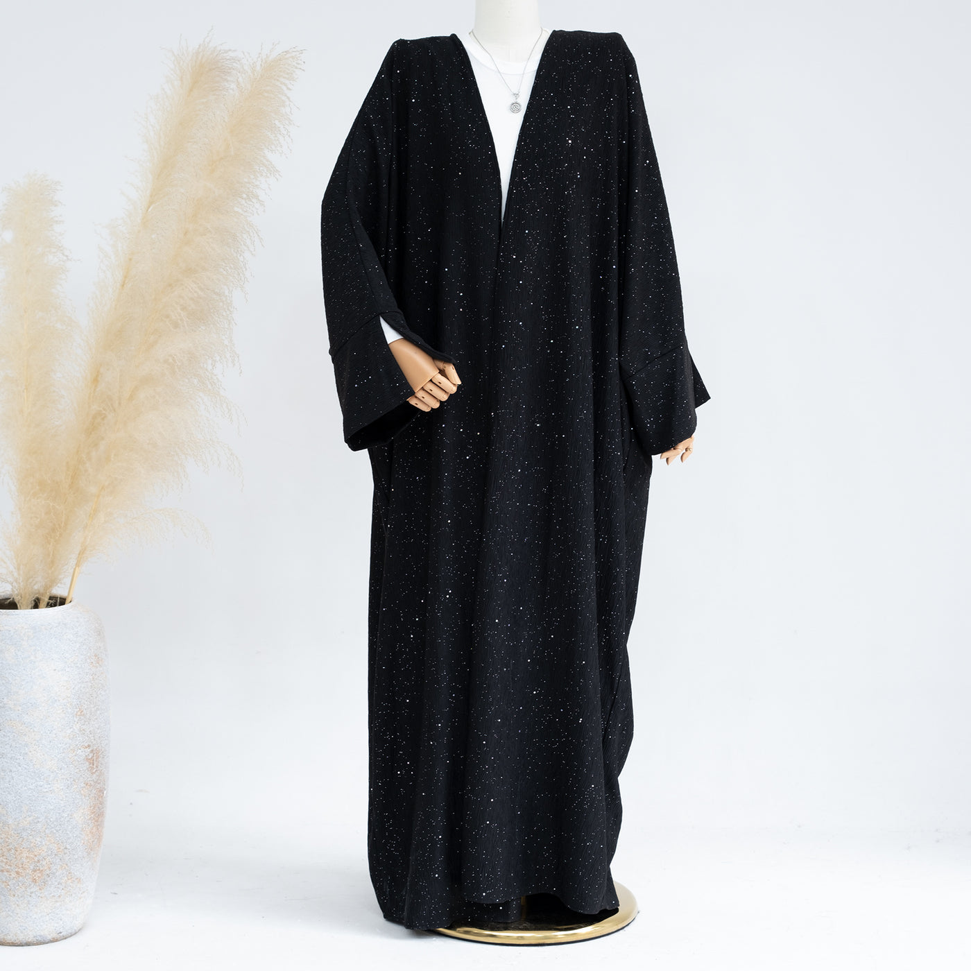 LM223 Crinkle Open Abaya – Textured Maxi Duster with Wide Sleeves, Winter Layering, Tall 60-Inch Length Option (S–XXL)