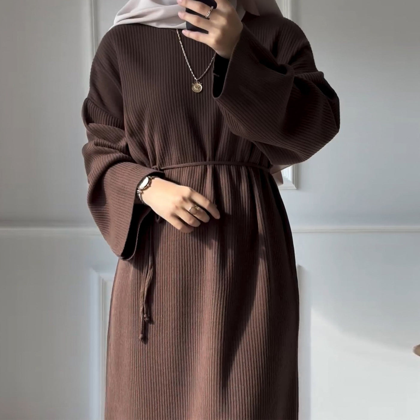 LM302 Ribbed Winter Abaya with Belt – Long Sleeve Modest Dress for Women