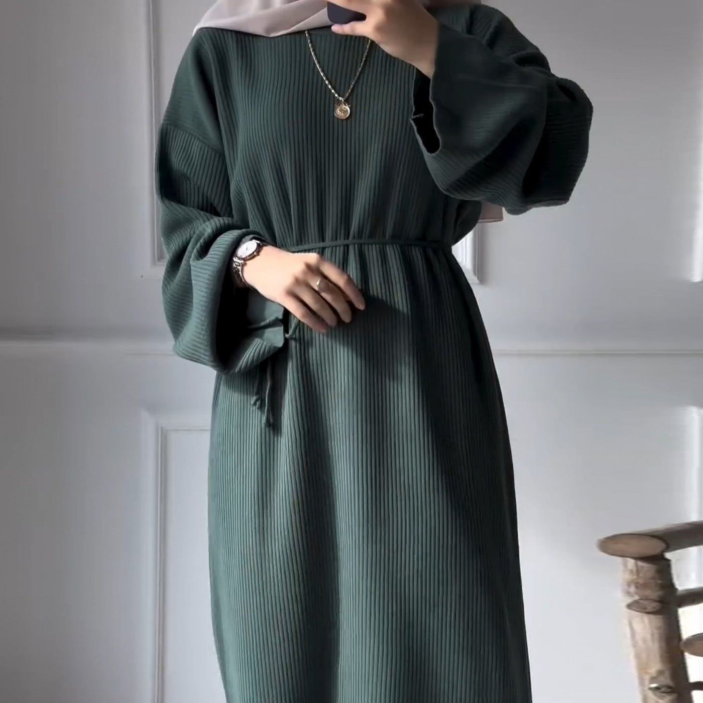LM302 Ribbed Winter Abaya with Belt – Long Sleeve Modest Dress for Women