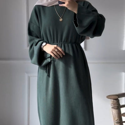 LM302 Ribbed Winter Abaya with Belt – Long Sleeve Modest Dress for Women