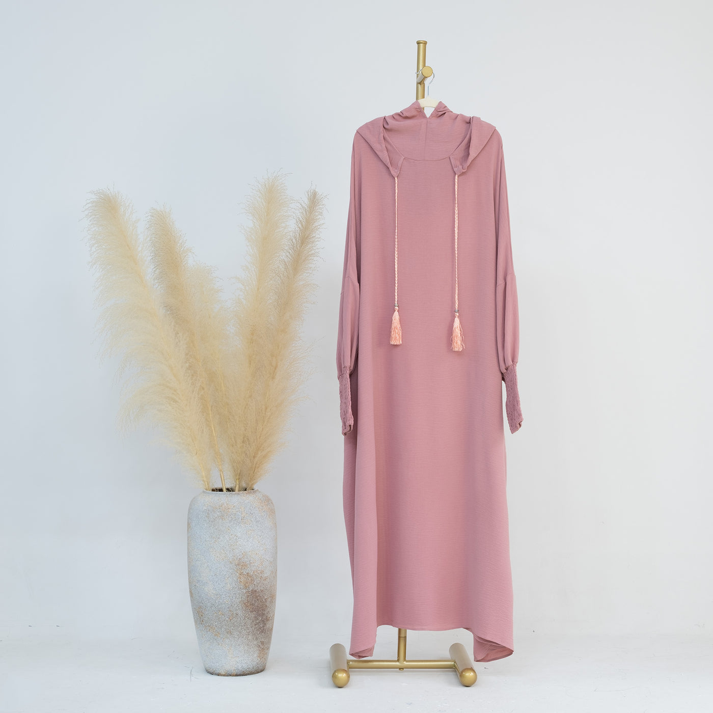 LM220 Hooded Abaya Dress for Women – Batwing Sleeve, Drawstring Hood, Shirred Cuffs, Solid Color