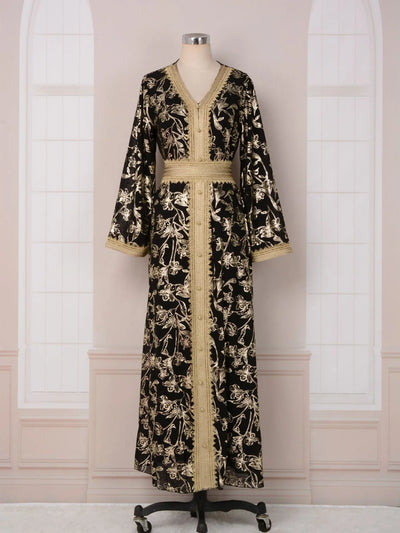 LM186 Summer Dubai Abaya Dress | Lightweight Gold Print Modest Maxi Kaftan