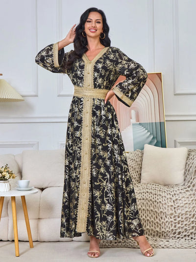 LM186 Summer Dubai Abaya Dress | Lightweight Gold Print Modest Maxi Kaftan