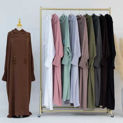 LM220 Hooded Abaya Dress for Women – Batwing Sleeve, Drawstring Hood, Shirred Cuffs, Solid Color