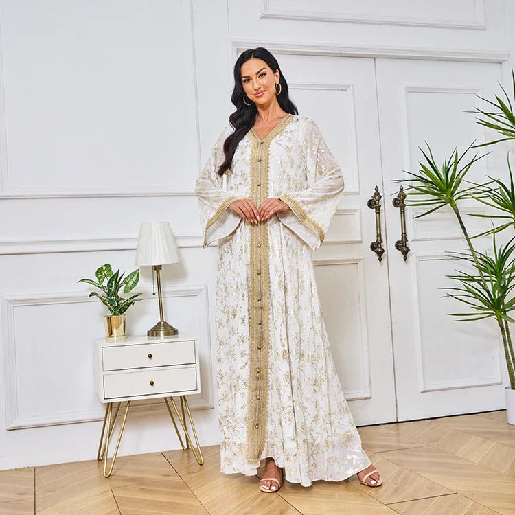 LM186 Summer Dubai Abaya Dress | Lightweight Gold Print Modest Maxi Kaftan