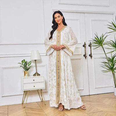 LM186 Summer Dubai Abaya Dress | Lightweight Gold Print Modest Maxi Kaftan
