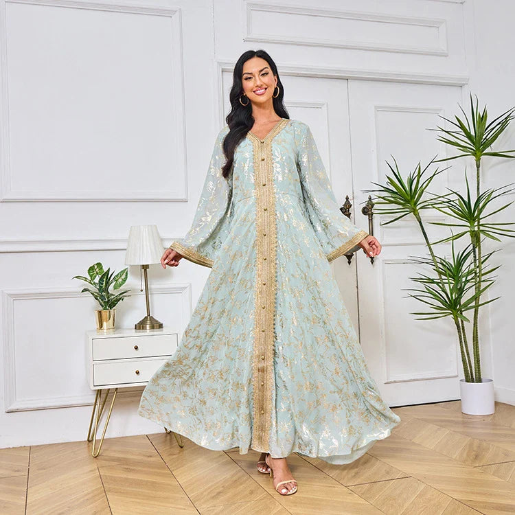 LM186 Summer Dubai Abaya Dress | Lightweight Gold Print Modest Maxi Kaftan