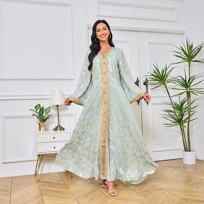 LM186 Summer Dubai Abaya Dress | Lightweight Gold Print Modest Maxi Kaftan