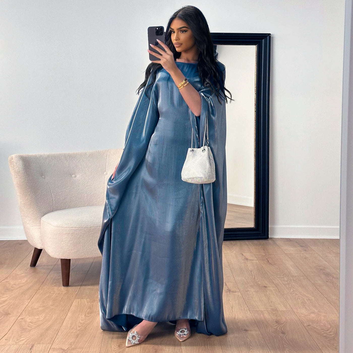 LM079 Plus Size Shiny Kaftan Abaya – Eid & Iftar Batwing Dress with Belt
