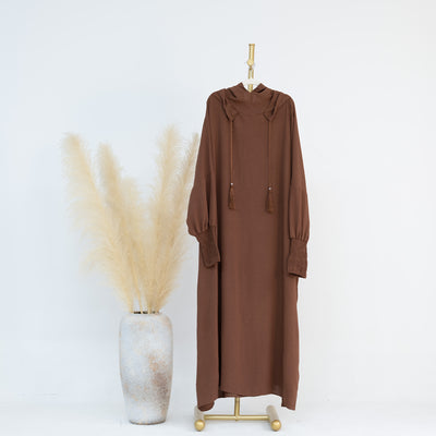 LM220 Hooded Abaya Dress for Women – Batwing Sleeve, Drawstring Hood, Shirred Cuffs, Solid Color