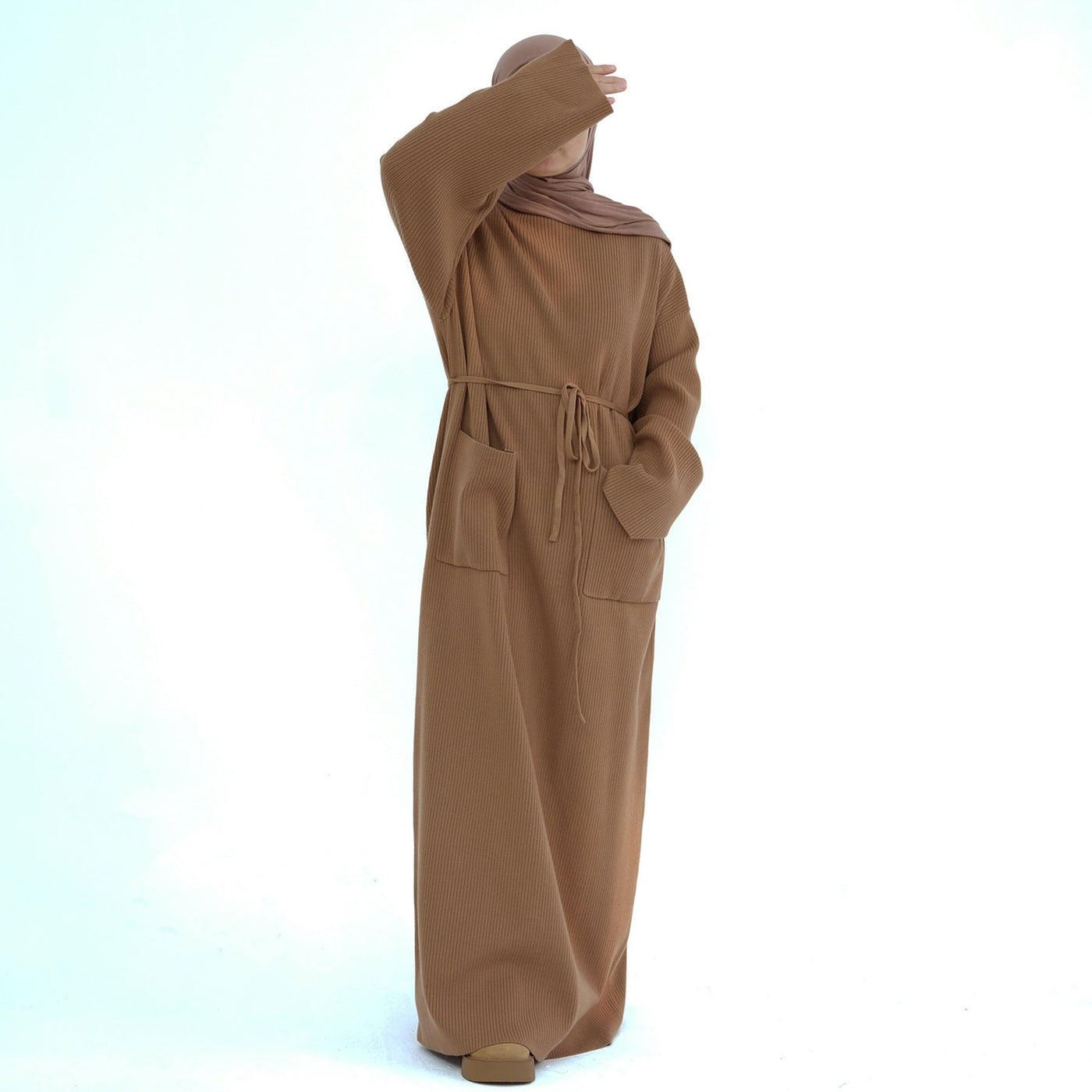 LM227 Winter Abaya with Pockets – Belted Long Sleeve Modest Dress