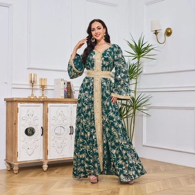 LM186 Summer Dubai Abaya Dress | Lightweight Gold Print Modest Maxi Kaftan