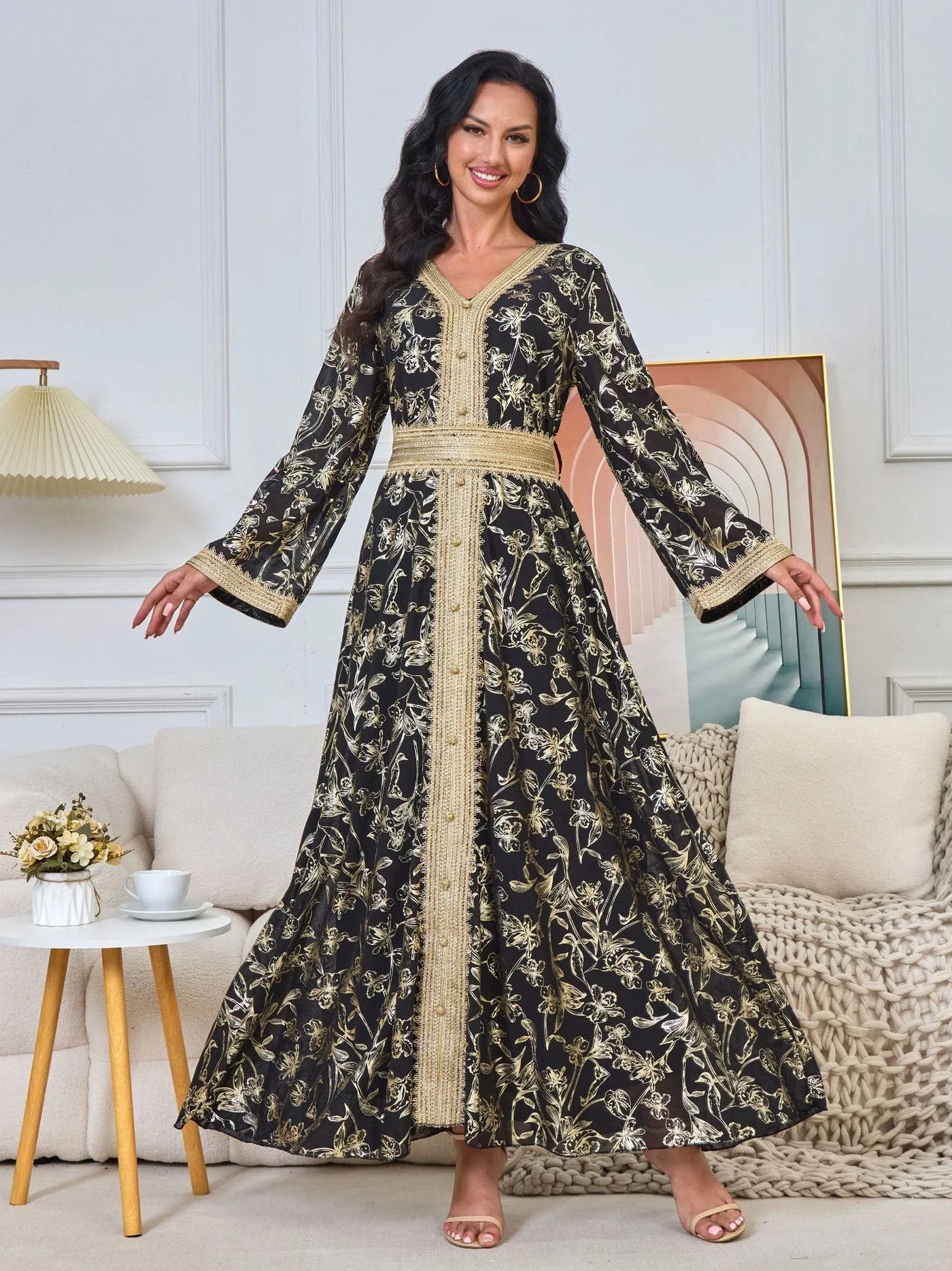 LM186 Summer Dubai Abaya Dress | Lightweight Gold Print Modest Maxi Kaftan