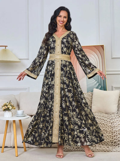 LM186 Summer Dubai Abaya Dress | Lightweight Gold Print Modest Maxi Kaftan