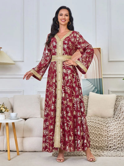 LM186 Summer Dubai Abaya Dress | Lightweight Gold Print Modest Maxi Kaftan