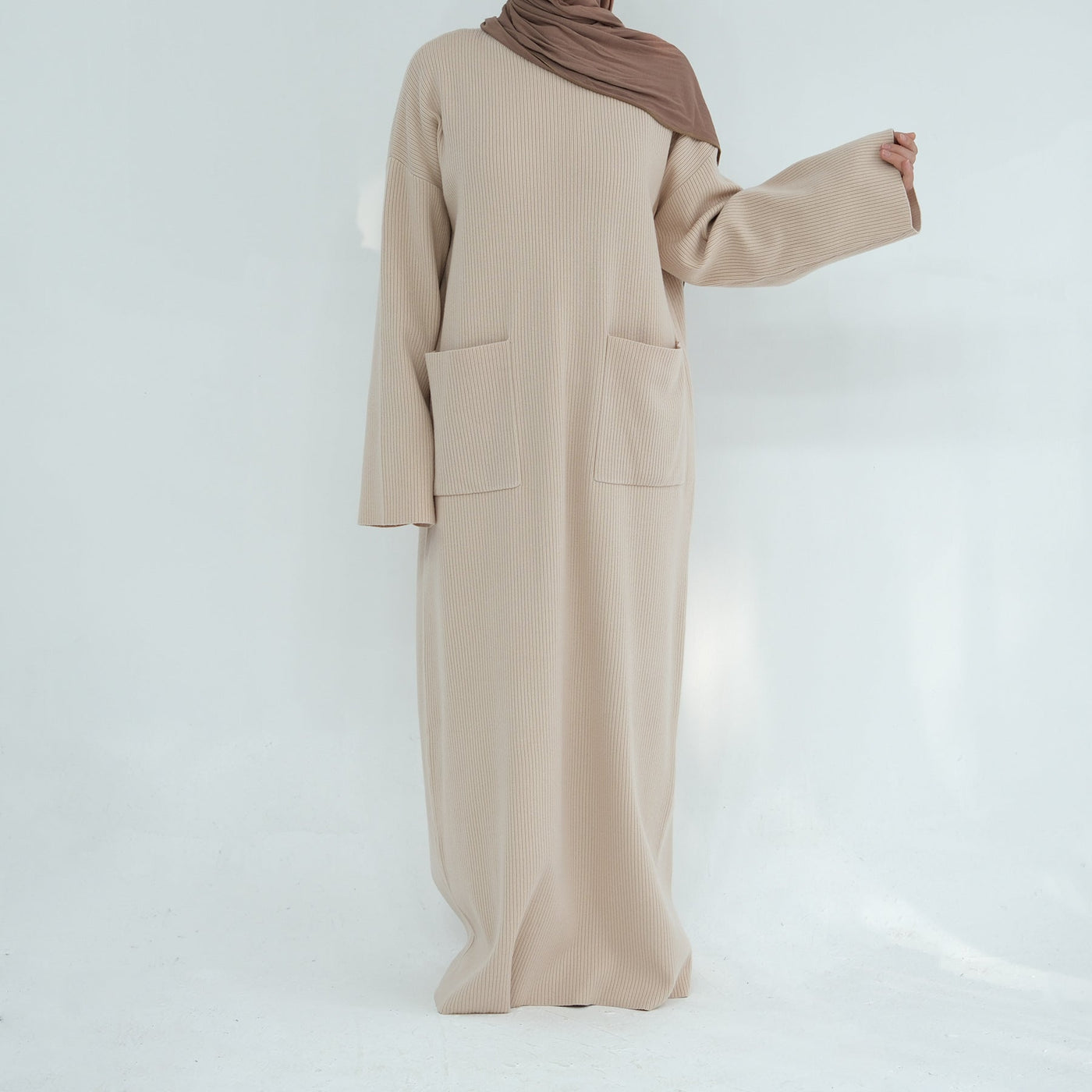 LM227 Winter Abaya with Pockets – Belted Long Sleeve Modest Dress