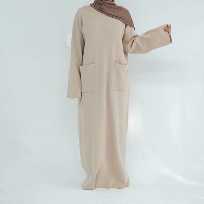LM227 Winter Abaya with Pockets – Belted Long Sleeve Modest Dress