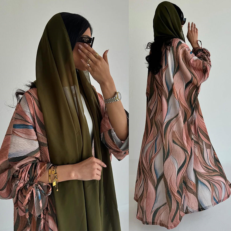 LM339 Wrinkled Linen Print Cardigan Abaya - Drawstring Cuff Modest Outerwear for Women Regular price $63.59 Sale price $