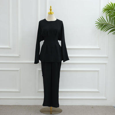 LM307 Ice Silk Two-Piece Set – Peplum Tunic & Wide Leg Pants Modest Outfit