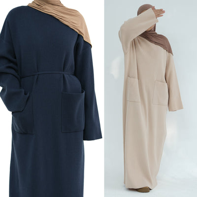 LM227 Winter Abaya with Pockets – Belted Long Sleeve Modest Dress
