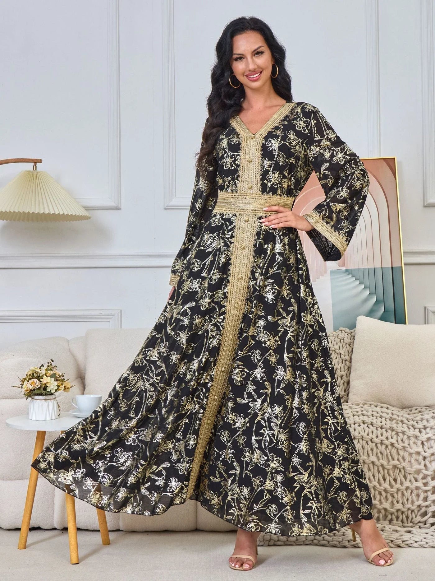 LM186 Summer Dubai Abaya Dress | Lightweight Gold Print Modest Maxi Kaftan