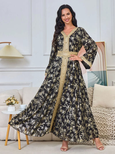 LM186 Summer Dubai Abaya Dress | Lightweight Gold Print Modest Maxi Kaftan