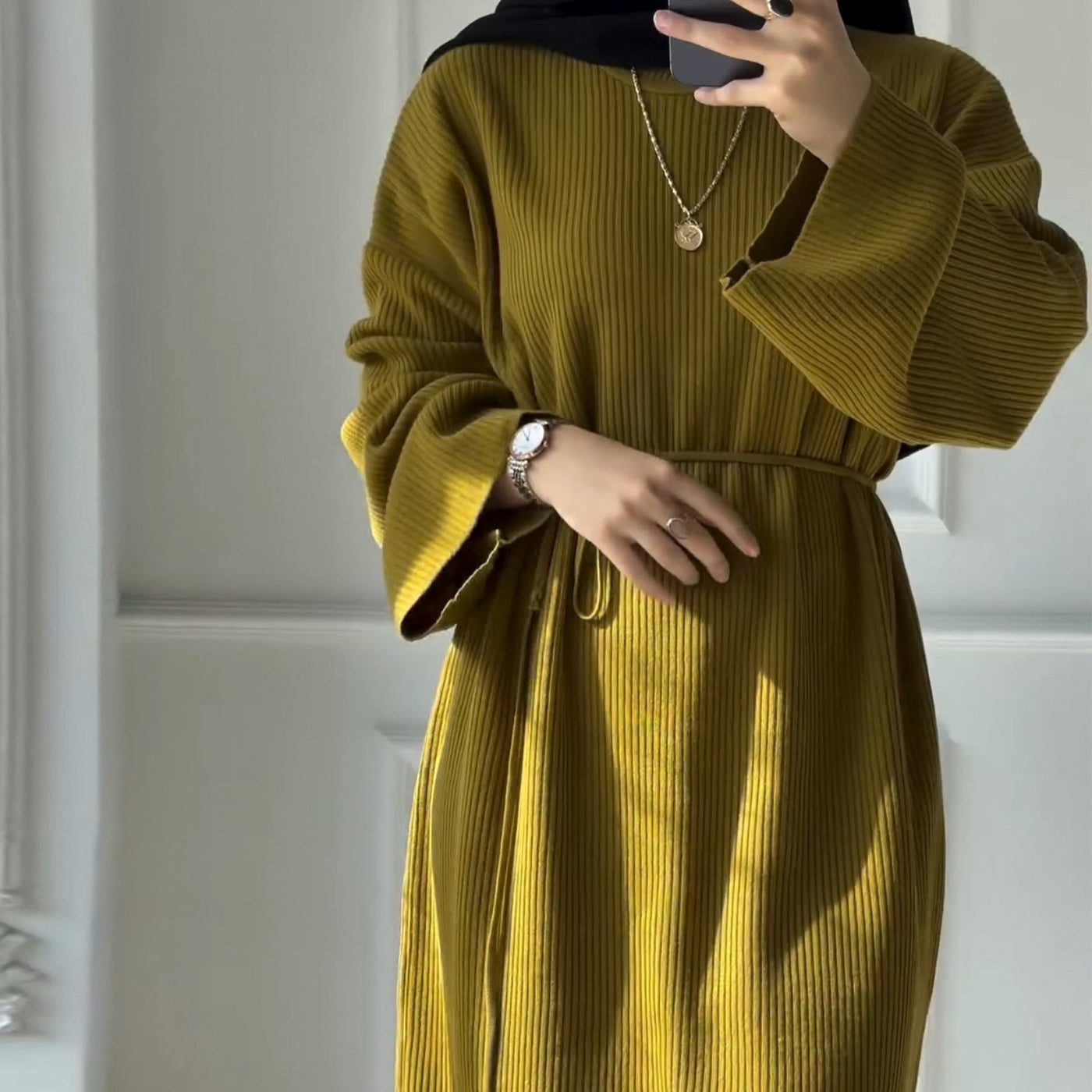LM302 Ribbed Winter Abaya with Belt – Long Sleeve Modest Dress for Women