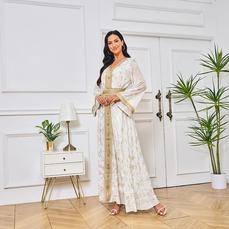 LM186 Summer Dubai Abaya Dress | Lightweight Gold Print Modest Maxi Kaftan