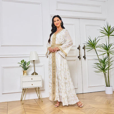 LM186 Summer Dubai Abaya Dress | Lightweight Gold Print Modest Maxi Kaftan