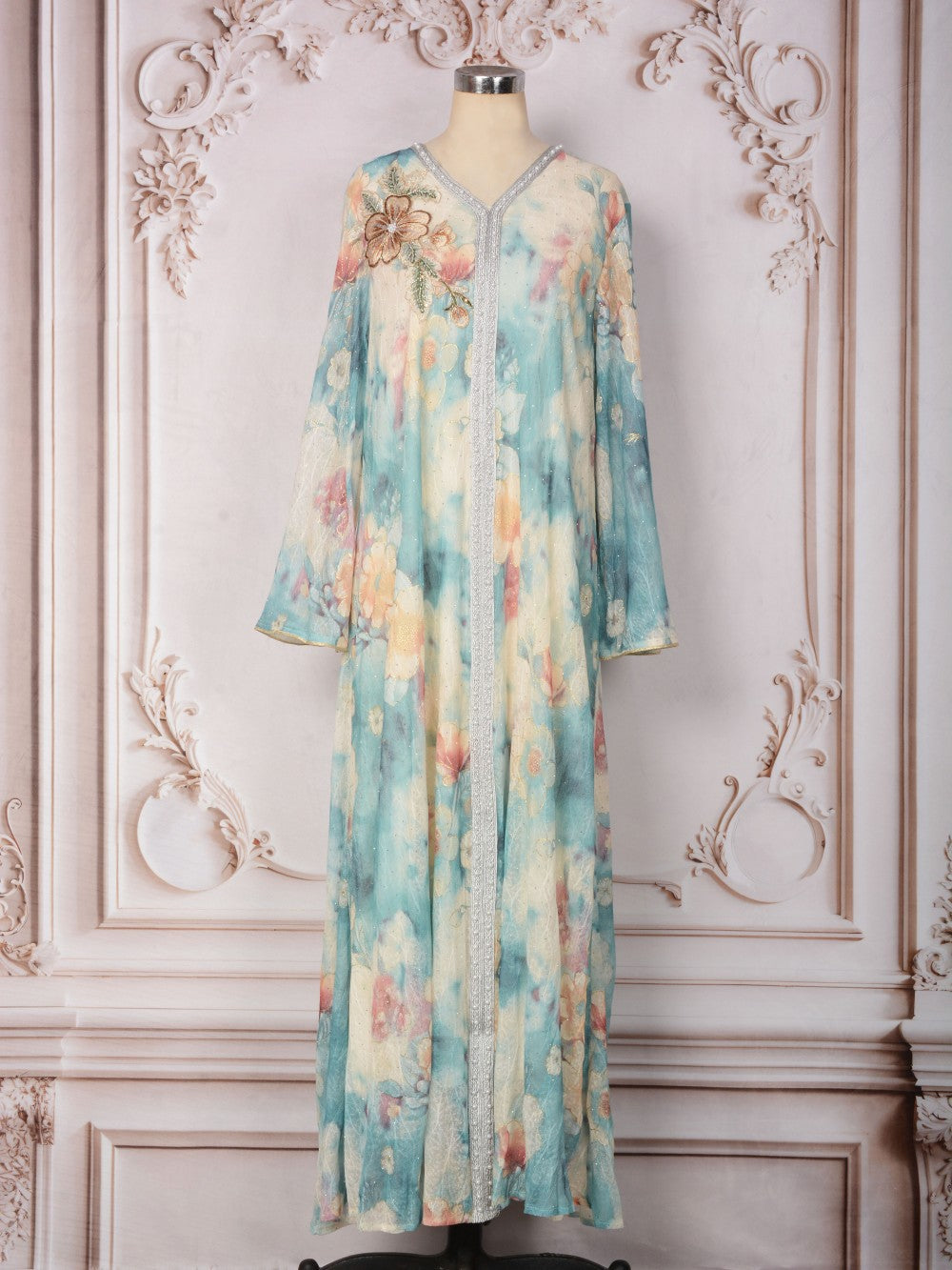 LM350 Floral Beaded Abaya Dress
