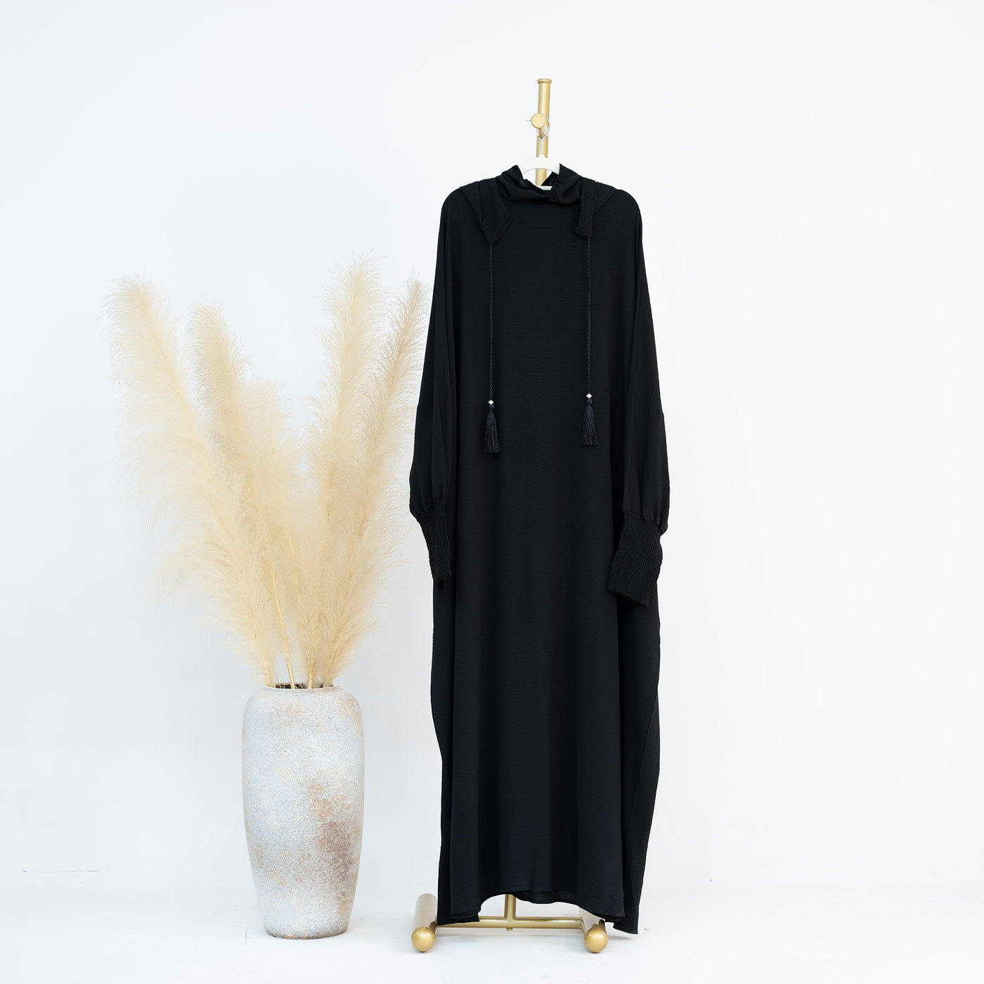 LM220 Hooded Abaya Dress for Women – Batwing Sleeve, Drawstring Hood, Shirred Cuffs, Solid Color