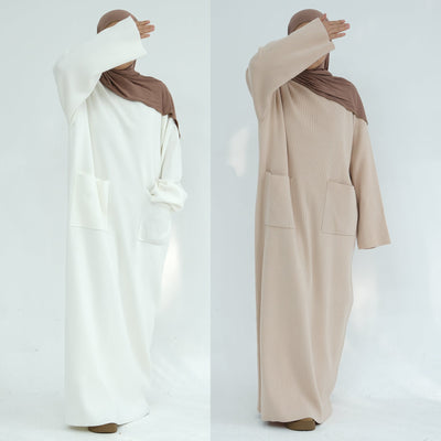 LM227 Winter Abaya with Pockets – Belted Long Sleeve Modest Dress