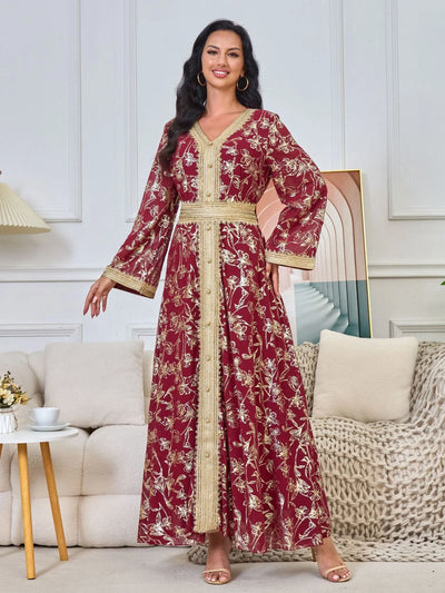LM186 Summer Dubai Abaya Dress | Lightweight Gold Print Modest Maxi Kaftan