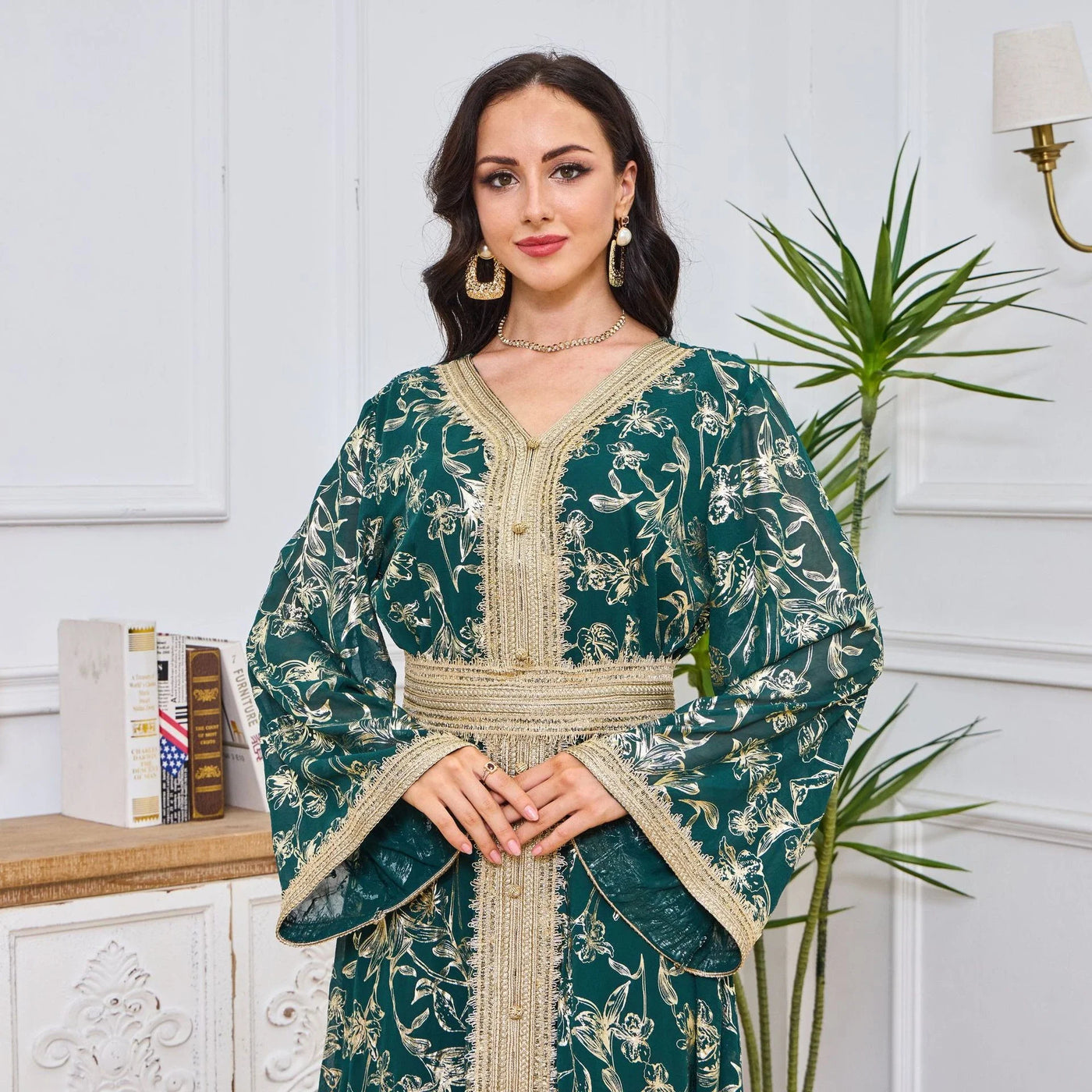 LM186 Summer Dubai Abaya Dress | Lightweight Gold Print Modest Maxi Kaftan