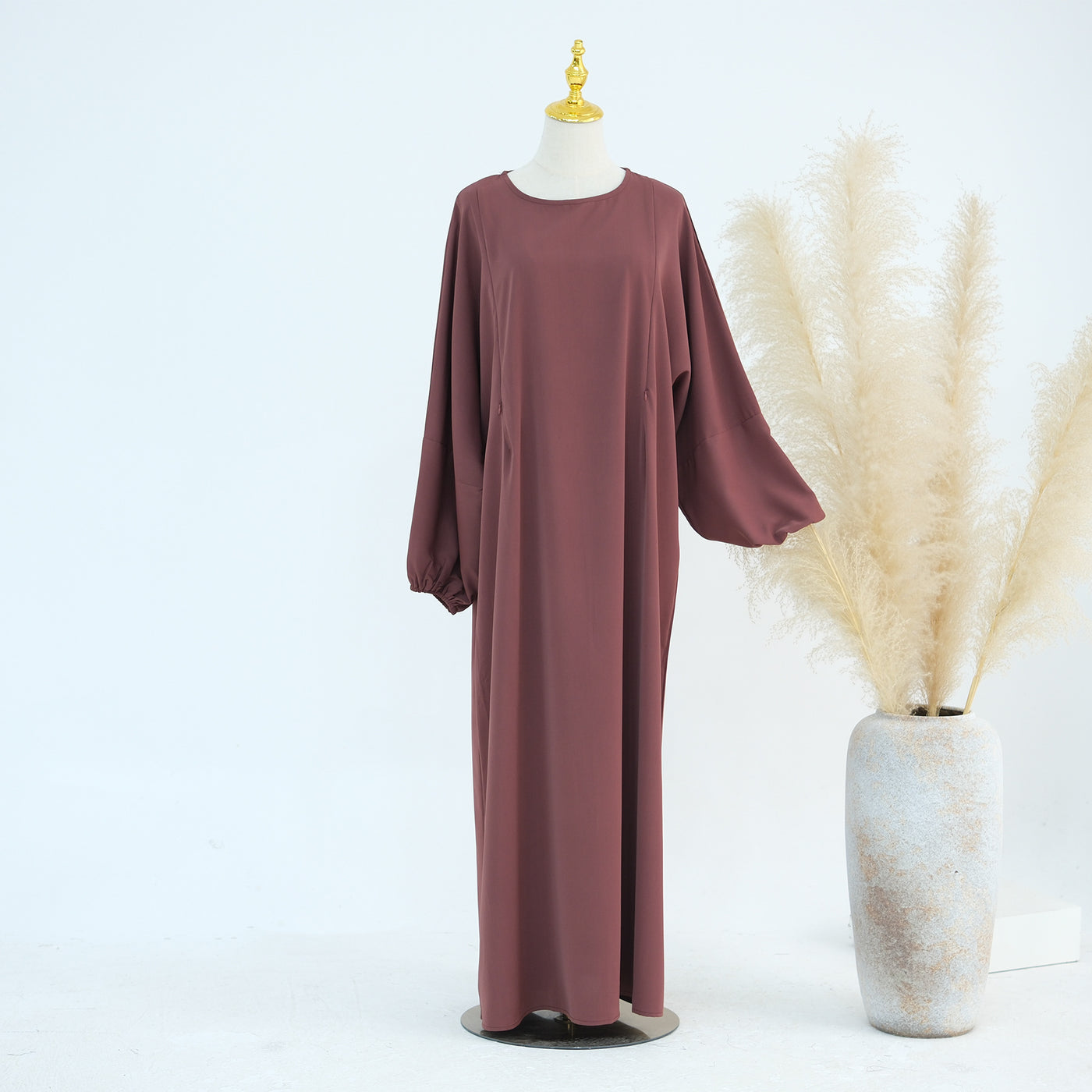 LM091 Nursing-Friendly Abaya Dress – Puff Sleeve, Round Neck Maxi