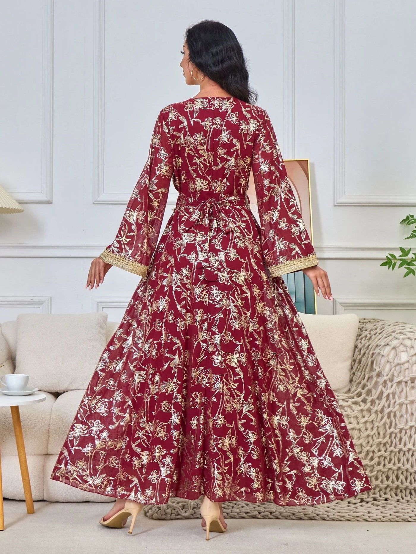 LM186 Summer Dubai Abaya Dress | Lightweight Gold Print Modest Maxi Kaftan