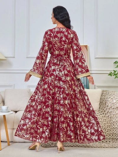 LM186 Summer Dubai Abaya Dress | Lightweight Gold Print Modest Maxi Kaftan