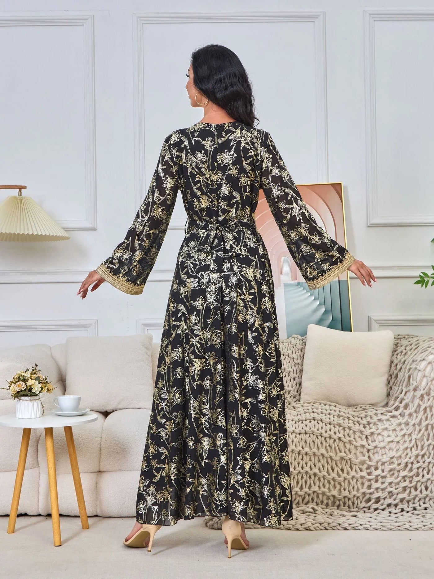 LM186 Summer Dubai Abaya Dress | Lightweight Gold Print Modest Maxi Kaftan