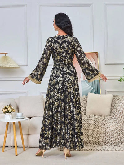 LM186 Summer Dubai Abaya Dress | Lightweight Gold Print Modest Maxi Kaftan