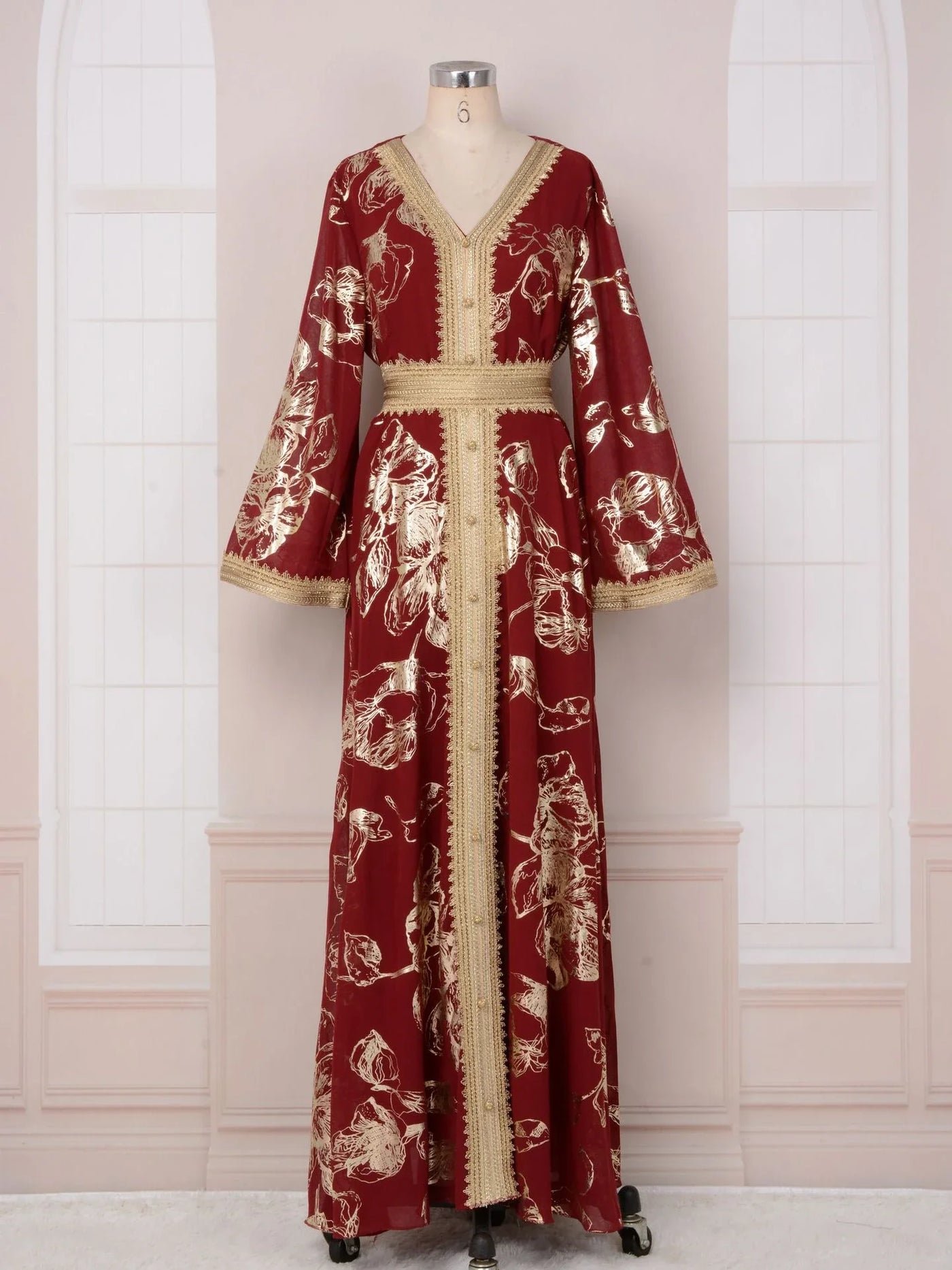 LM186 Summer Dubai Abaya Dress | Lightweight Gold Print Modest Maxi Kaftan