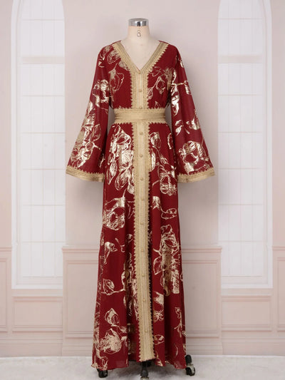 LM186 Summer Dubai Abaya Dress | Lightweight Gold Print Modest Maxi Kaftan