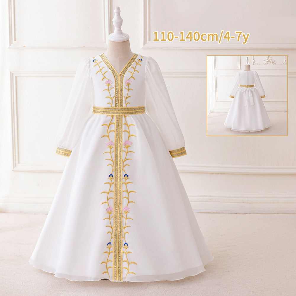 LM201 Girls Eid Dress – Long Sleeve Modest Muslim Party Gown, Embroidered, Full Length (4–7Y)