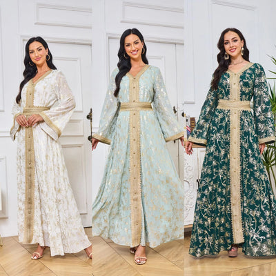 LM186 Summer Dubai Abaya Dress | Lightweight Gold Print Modest Maxi Kaftan