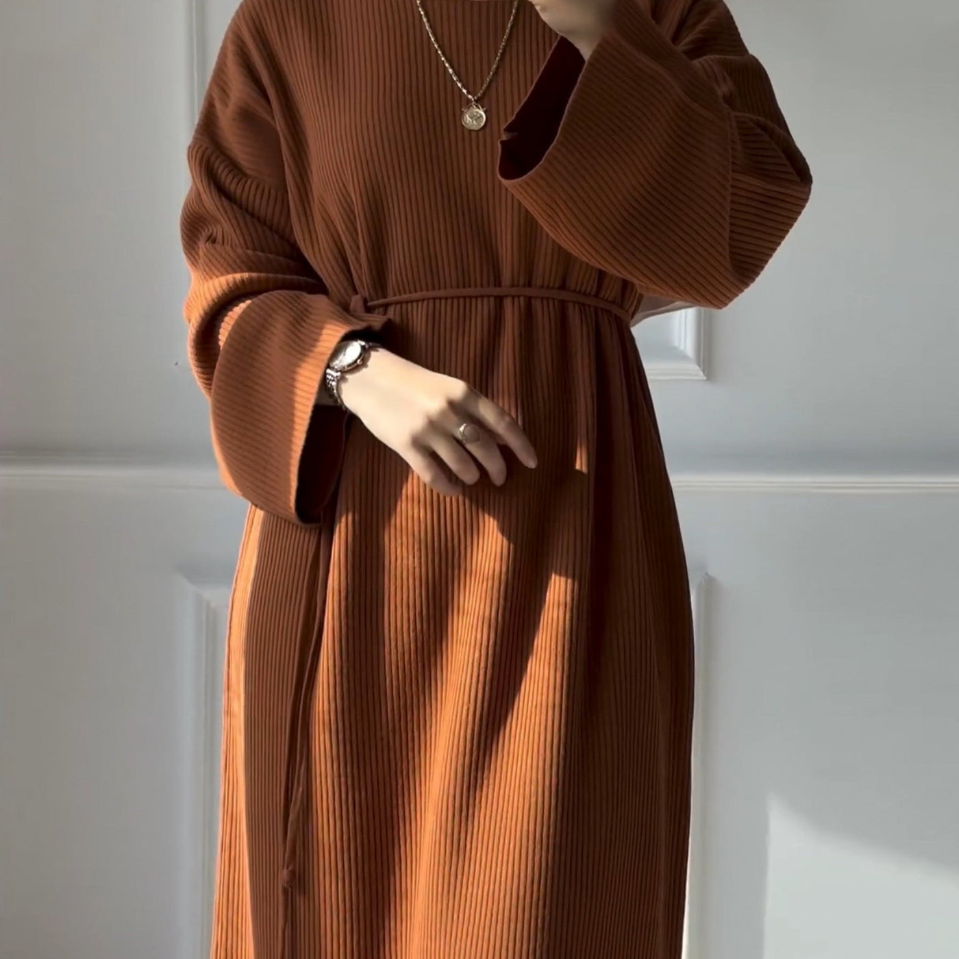 LM302 Ribbed Winter Abaya with Belt – Long Sleeve Modest Dress for Women