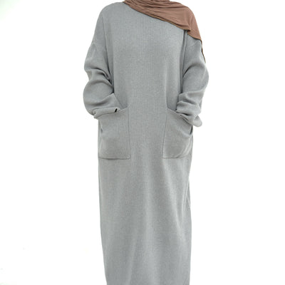 LM227 Winter Abaya with Pockets – Belted Long Sleeve Modest Dress
